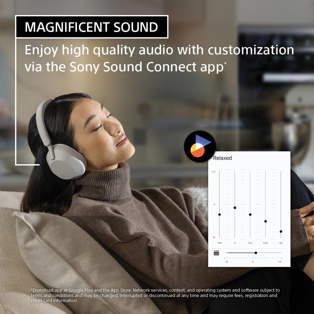 Fones Sony WH-1000XM5 com som personalizado via aplicativo Sony Sound Connect.
