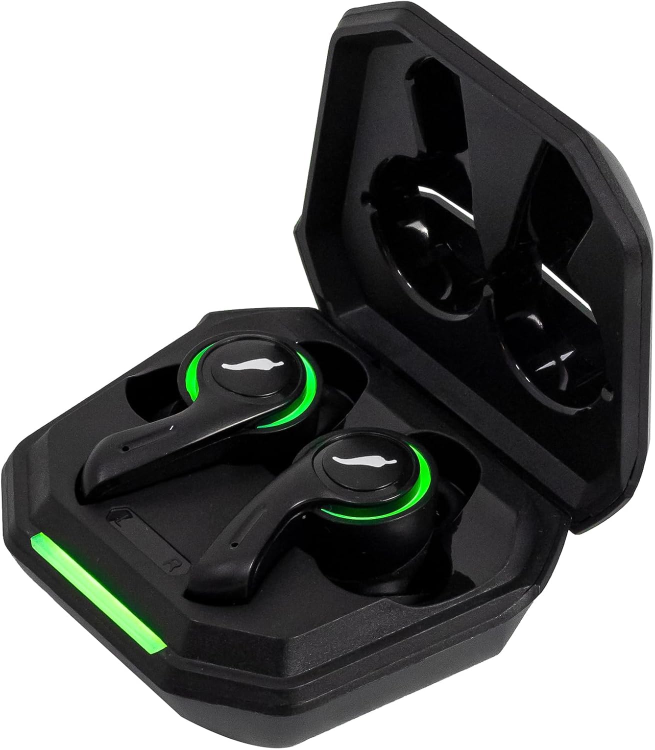 Fones Bluetooth TWS esportivos pretos com detalhes verdes em caixa de carregamento preta aberta Chillibeans.