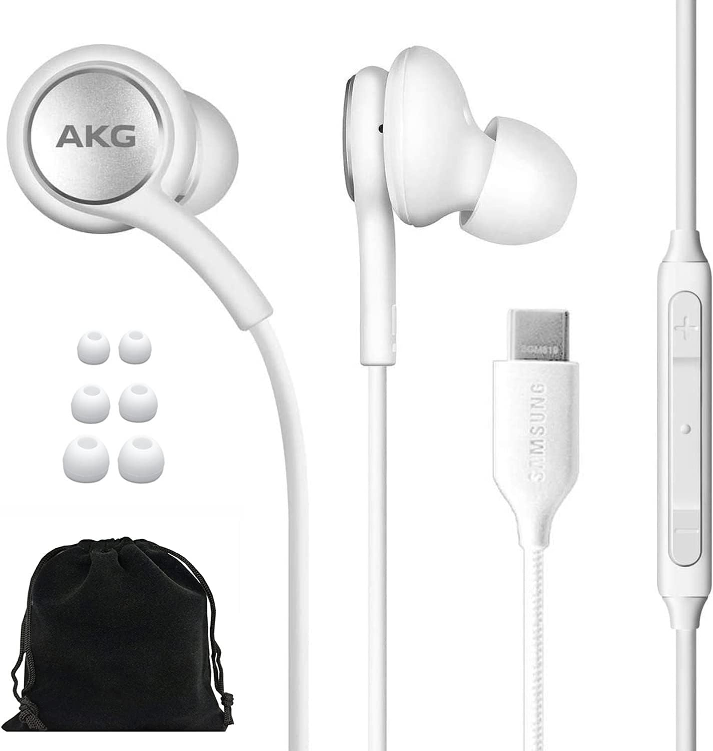 Fones de ouvido Samsung AKG intra-auriculares USB Tipo C branco com microfone e controle remoto, acessórios inclusos
