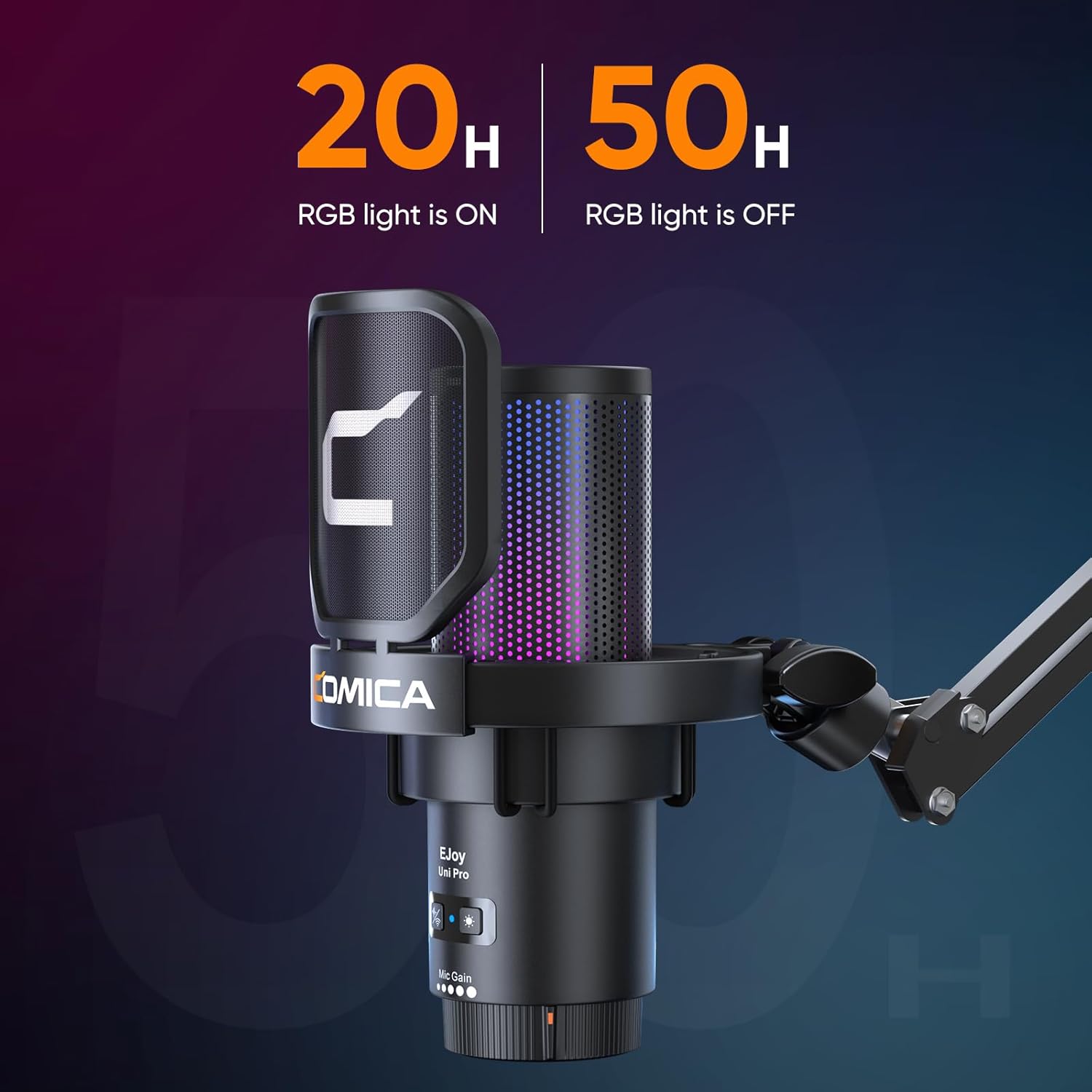 Comica EJoy Uni Pro microphone battery life 20h with RGB on and 50h with RGB off