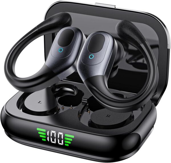 Fones de ouvido sem fio esportivos pretos com gancho e estojo com display LED de bateria.