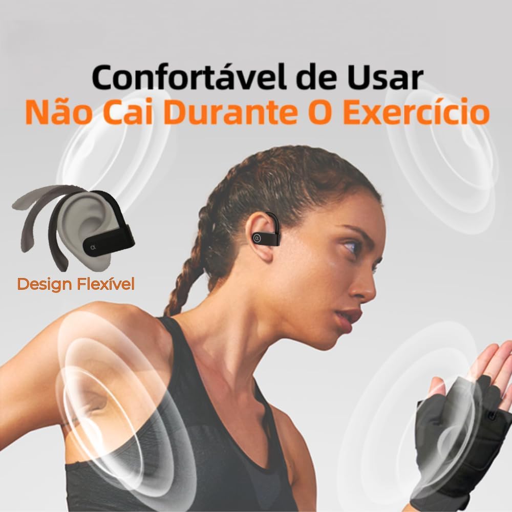 Mulher usando fones de ouvido Bluetooth esportivos confortáveis que não caem durante exercícios