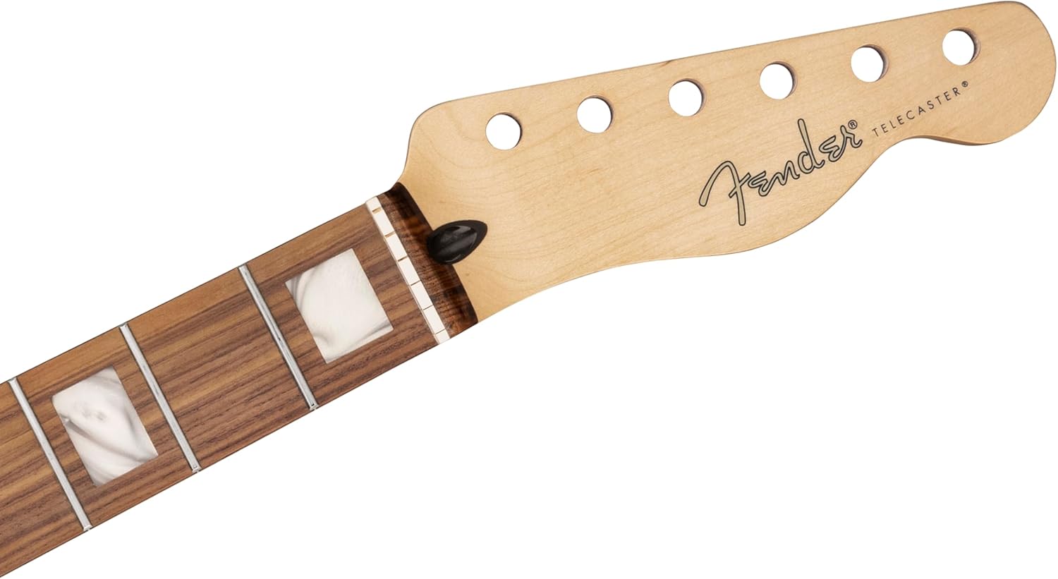 Braço Fender Telecaster em vista lateral com headstock e marcadores quadrados
