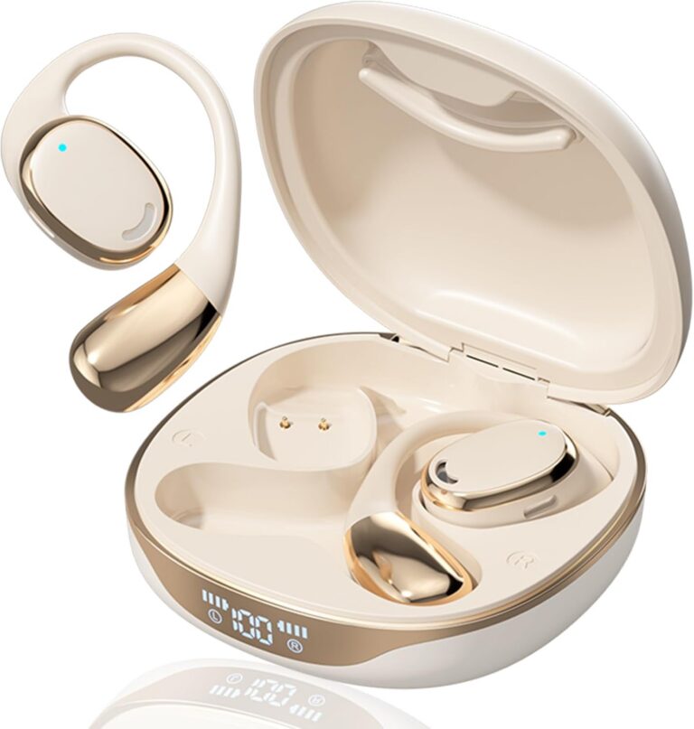 Fones de ouvido Bluetooth sem fio estilo arco com estojo de carregamento bege e dourado