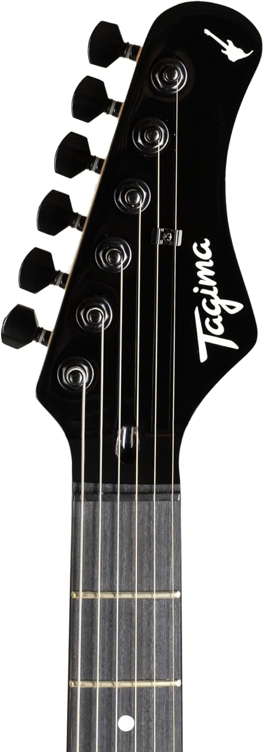 Cabeça da guitarra Tagima Rock in Rio Strat 3S preta com logo branco e tarraxas pretas