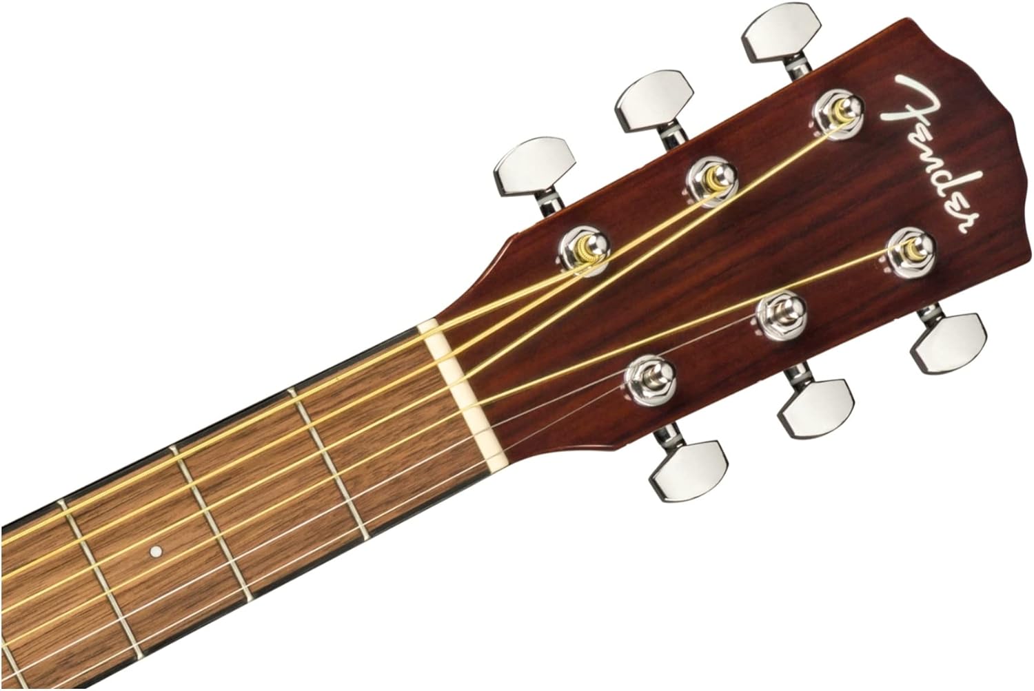 Cabeça do violão Fender CD-140SCE com logo Fender e tarraxas cromadas