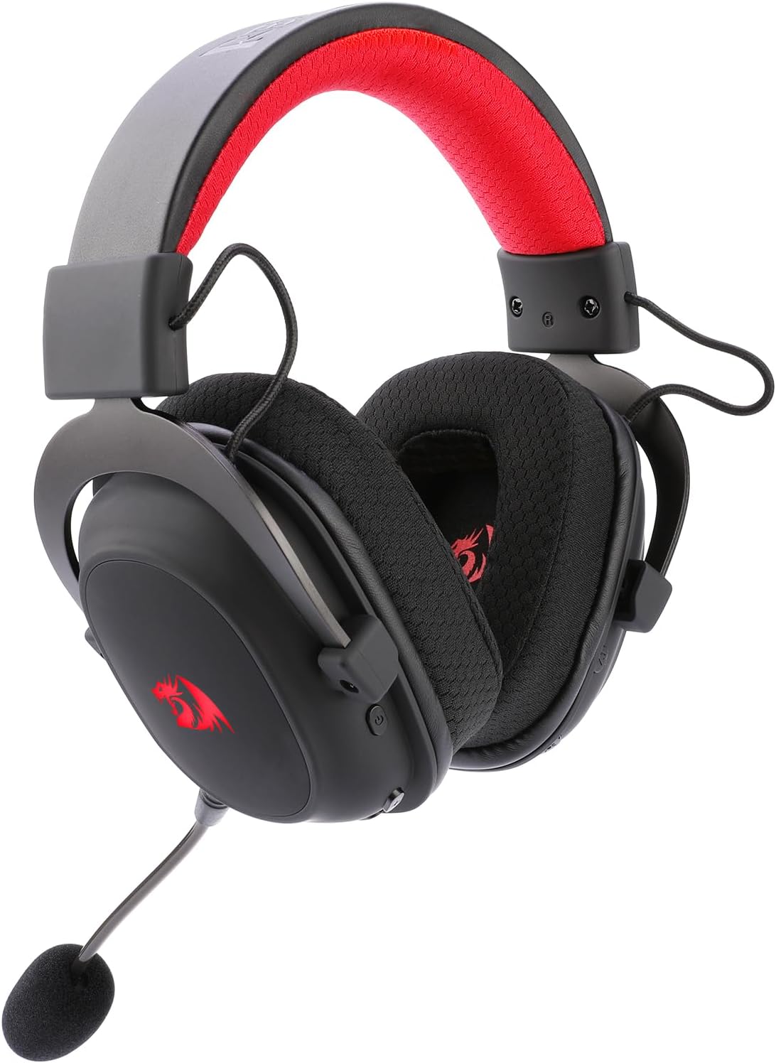 Angled view Redragon Zeus Pro black and red wireless gaming headset with padded ear cushions and microphone
