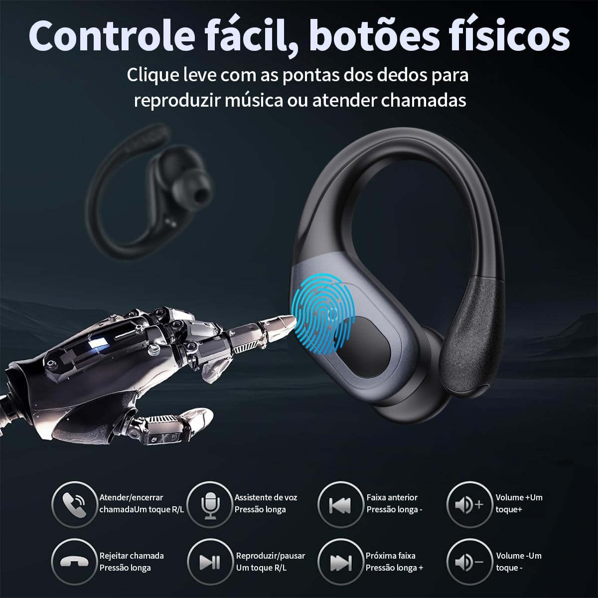Fones de ouvido com controle fácil por botões físicos para chamadas e música.
