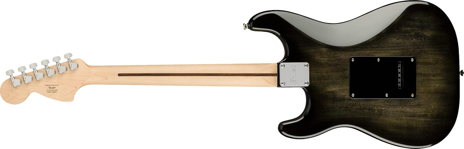 Parte traseira da guitarra elétrica Fender Squier Affinity Stratocaster Black Burst com braço maple