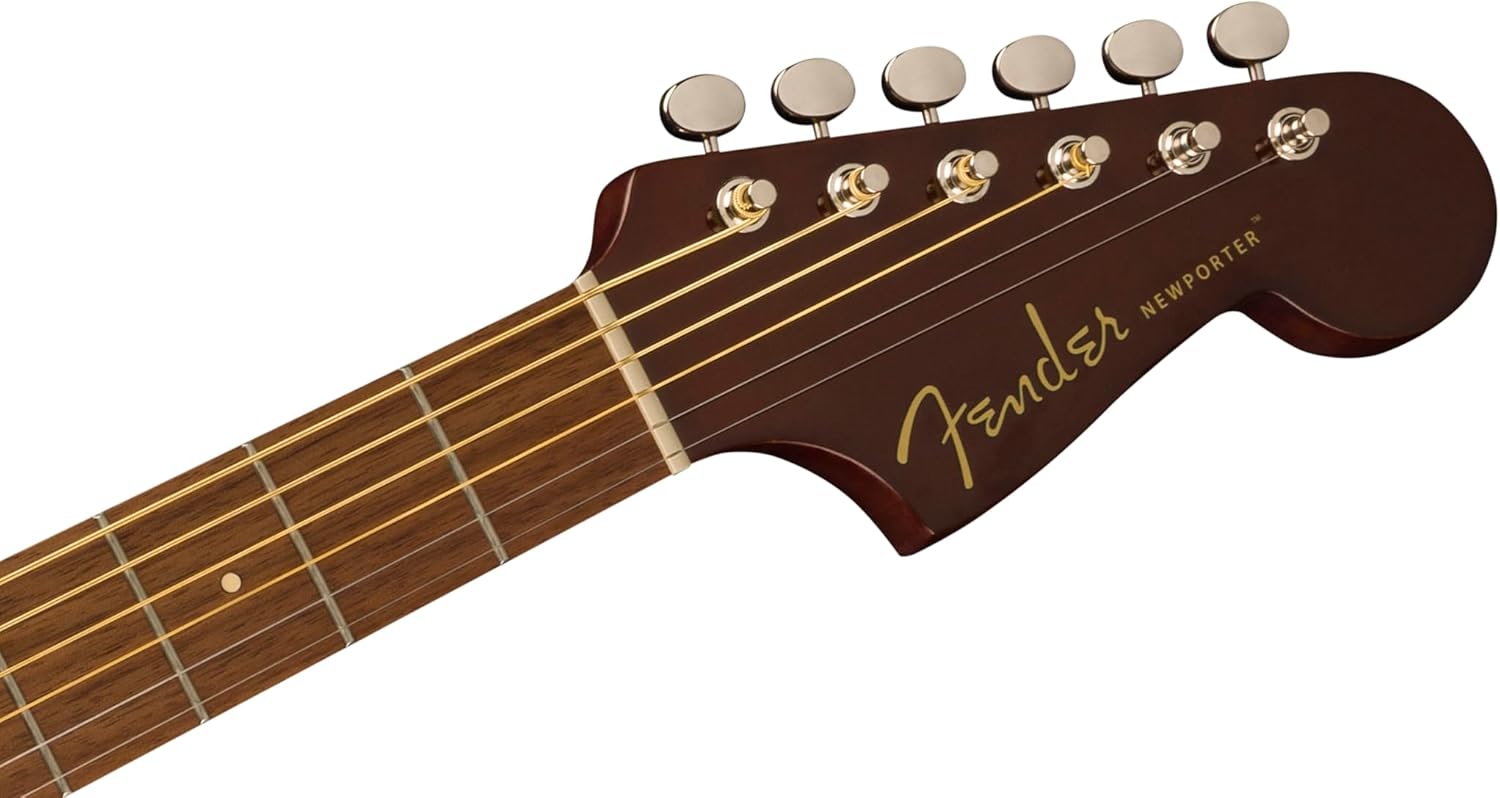 Cabeça da guitarra acústica Fender California Player com logo dourado e tarraxas cromadas.
