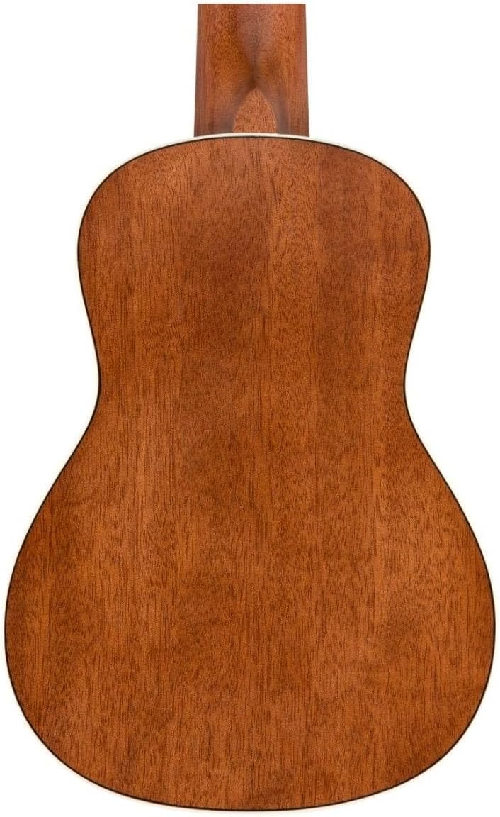 Parte traseira do ukulele Fender Seaside Soprano marrom natural mostrando madeira texturizada