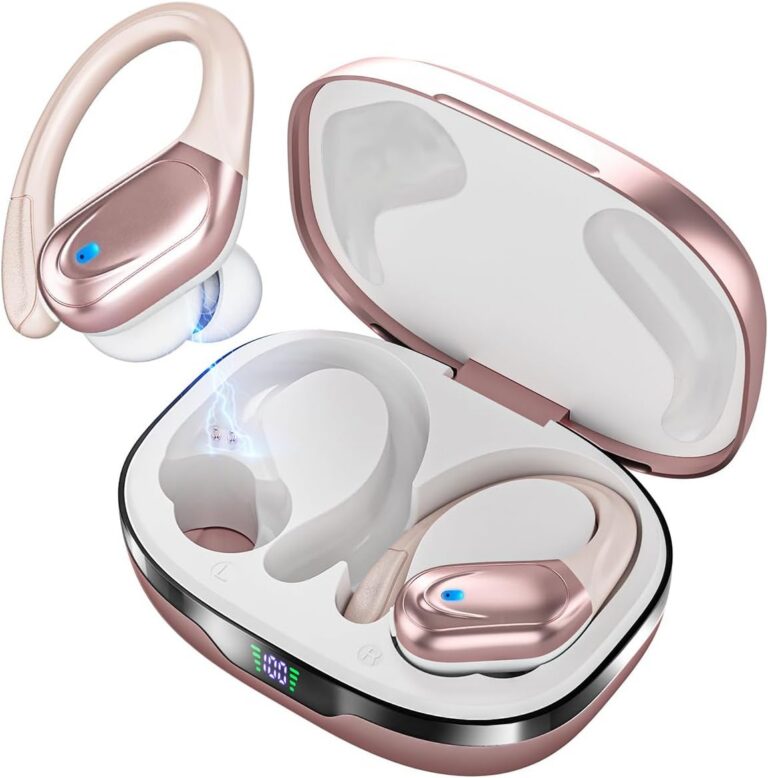 Fones de ouvido Bluetooth sem fio esportivos rosa dourado com estojo de carregamento digital.