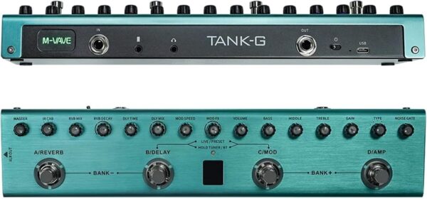 Pedal de efeitos para guitarra VEDO M-vave Tank-G azul metálico com múltiplos controles e conexões USB e jack