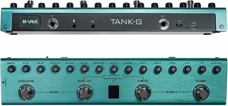 Pedal de efeitos para guitarra VEDO M-vave Tank-G azul metálico com múltiplos controles e conexões USB e jack
