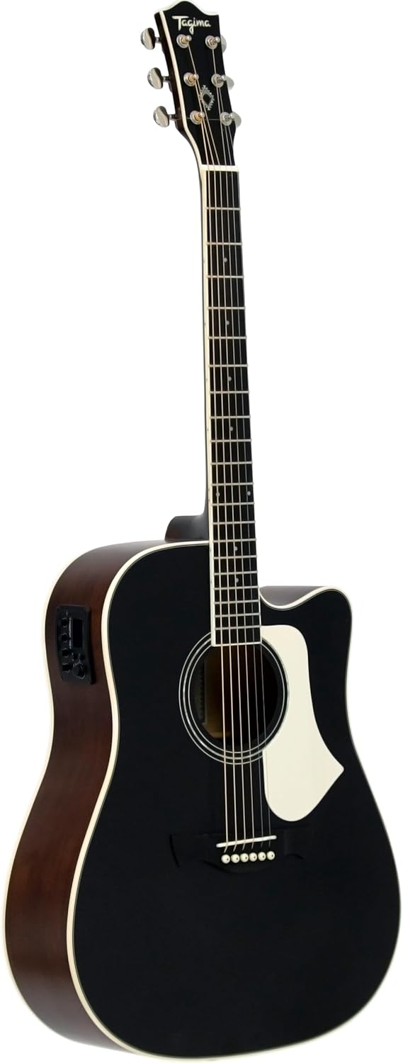 Violão acústico Tagima Andes Preto Satin com corpo preto fosco e detahes brancos, vista lateral.