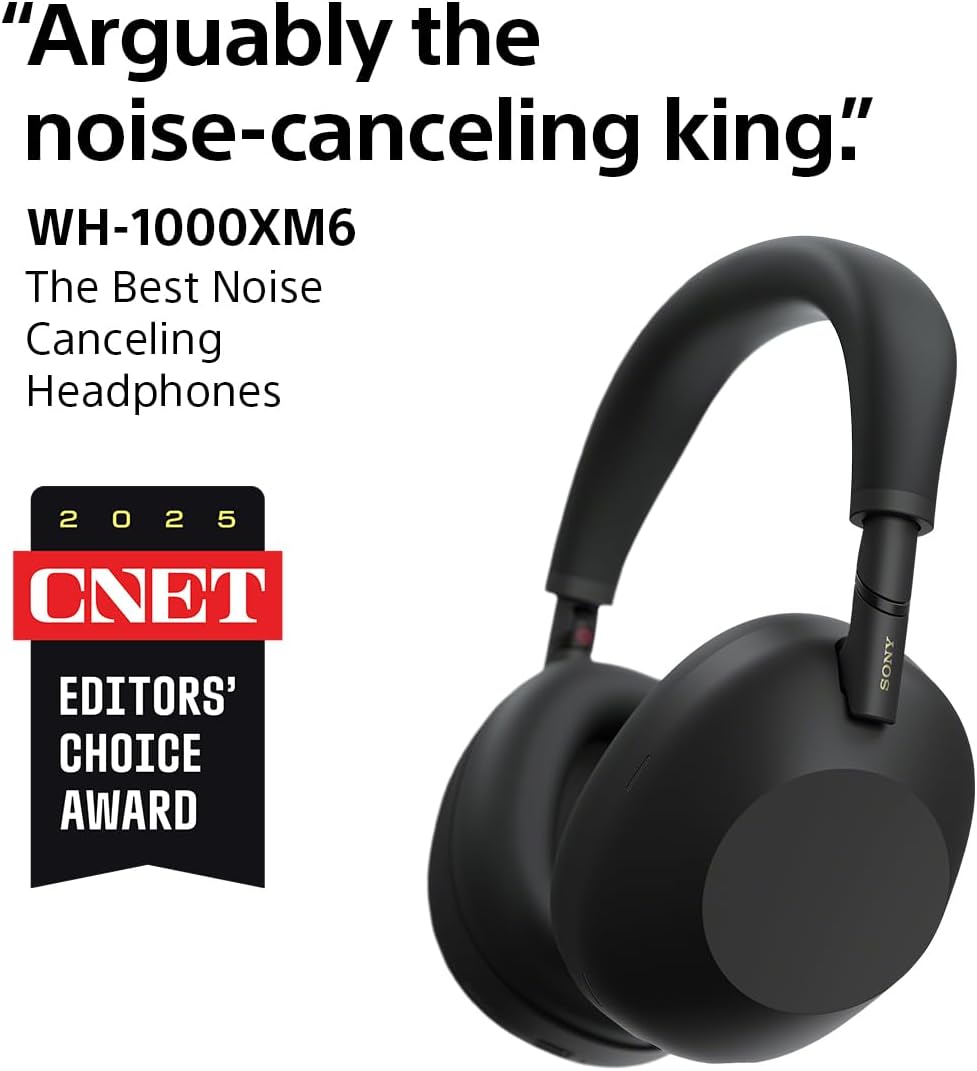 Fone Sony WH-1000XM6 preto com prêmio CNET Editors' Choice 2025 e destaque a cancelamento de ruído.