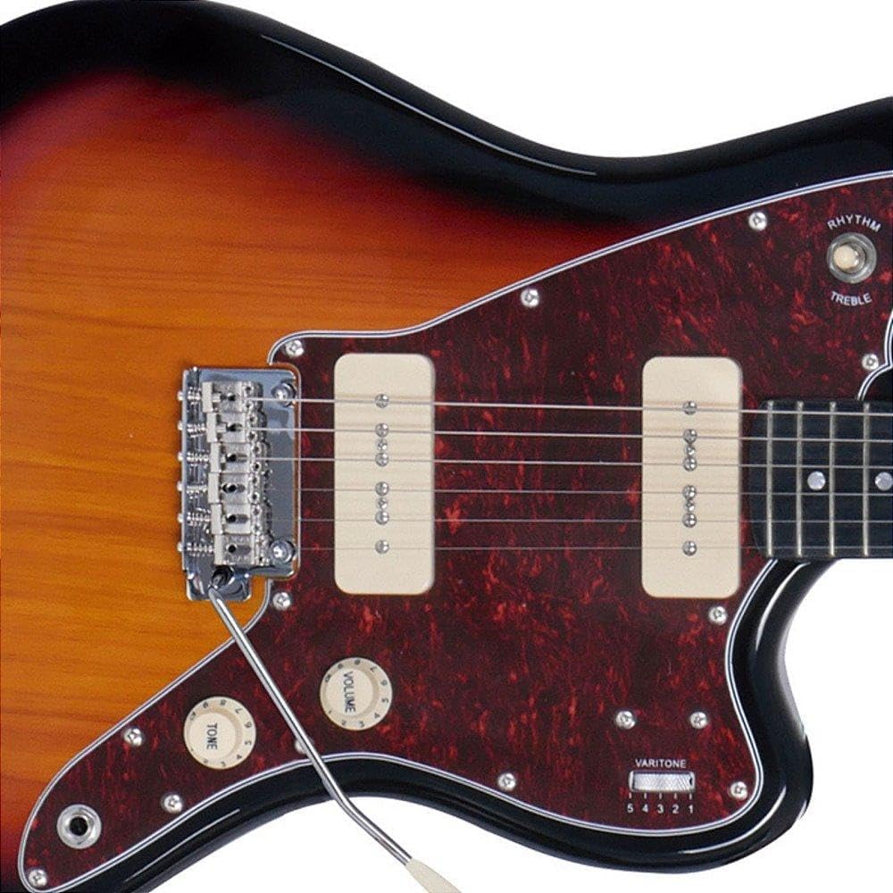 Close do corpo da guitarra Tagima TW-61 com captadores creme, escudo tartaruga e ponte metálica