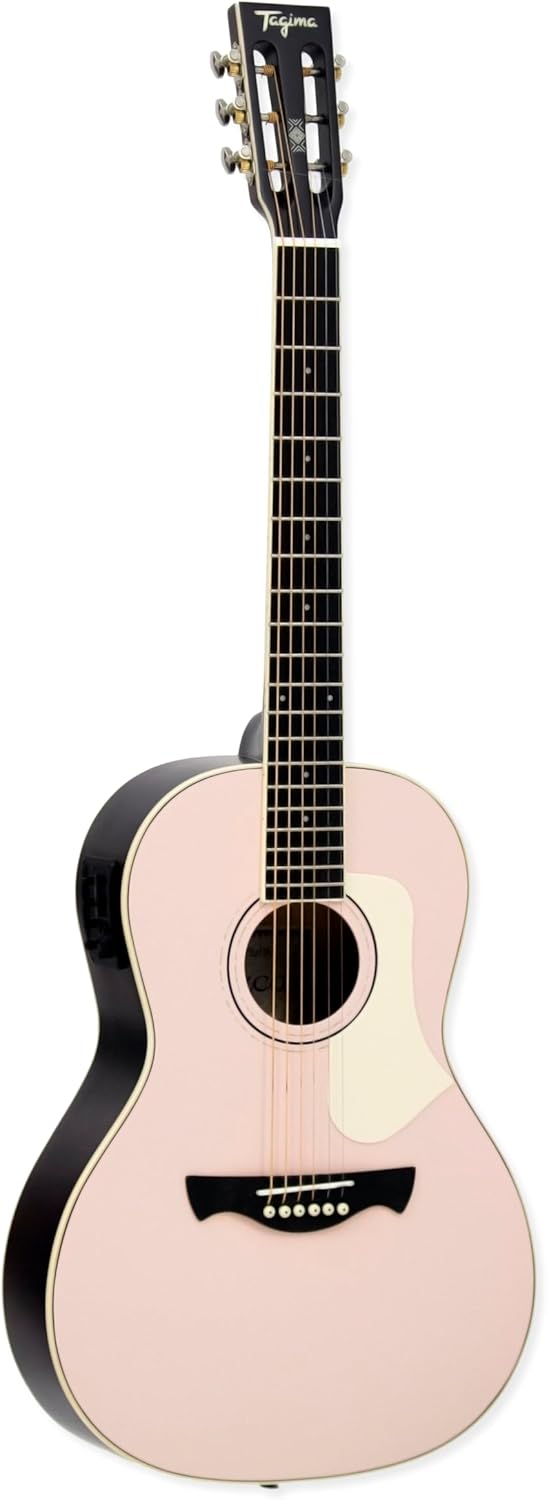 Violão parlor rosa claro com laterais pretas e cravelhas douradas, tampo spruce e braço em agathis.