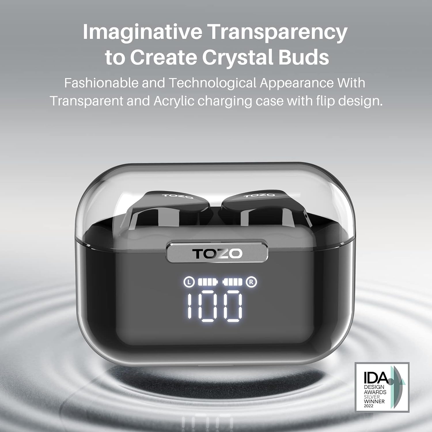 Estojos de carregamento TOZO T18 com design transparente e visor digital de bateria