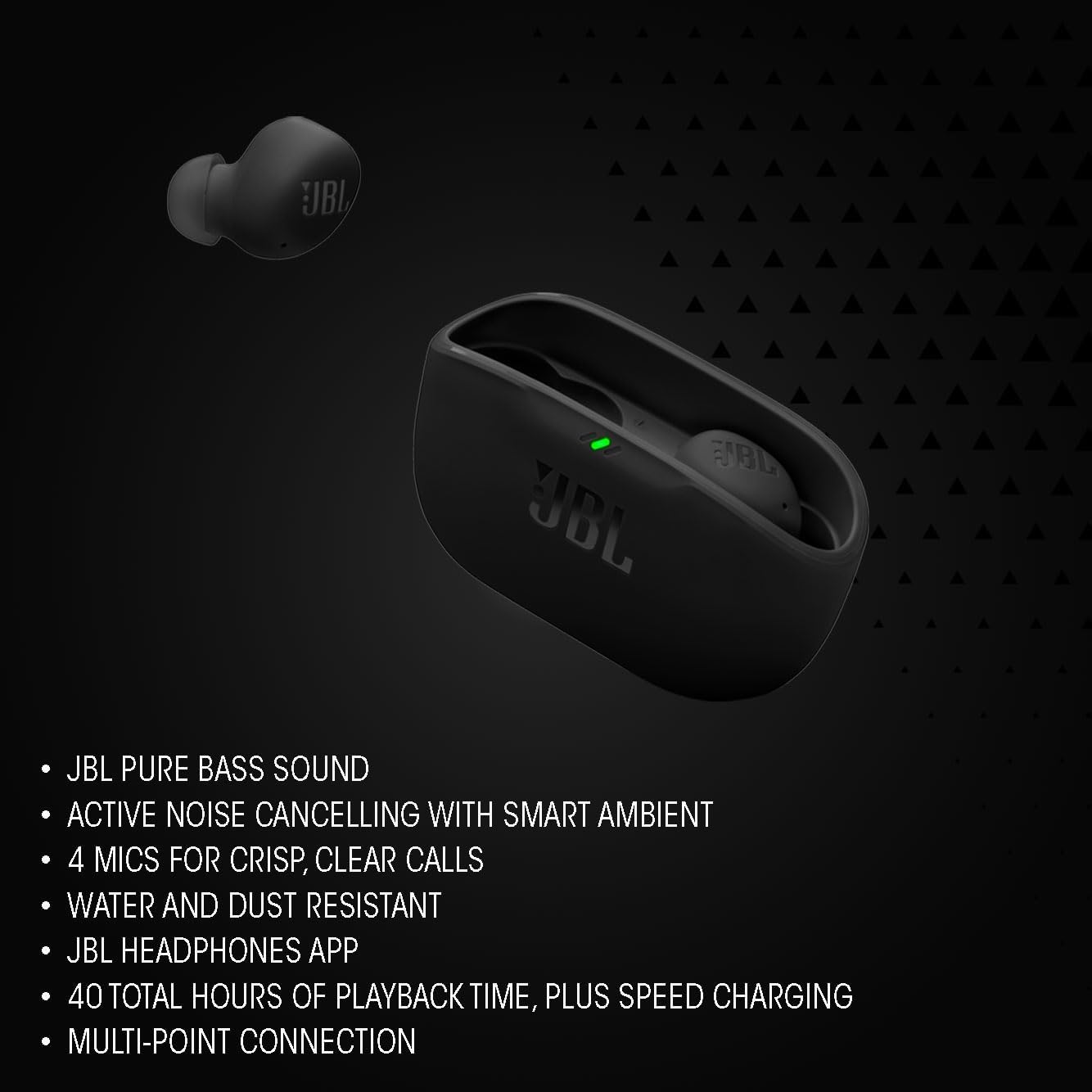 Funções e estojo do fone de ouvido JBL Wave Buds 2 preto com texto descritivo.