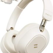 HAVIT H668BT off-white Bluetooth headphones with active noise cancellation, foldable design
