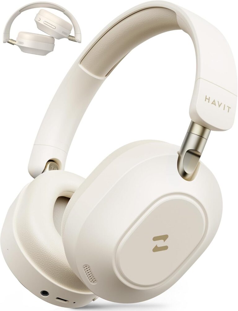 HAVIT H668BT off-white Bluetooth headphones with active noise cancellation, foldable design