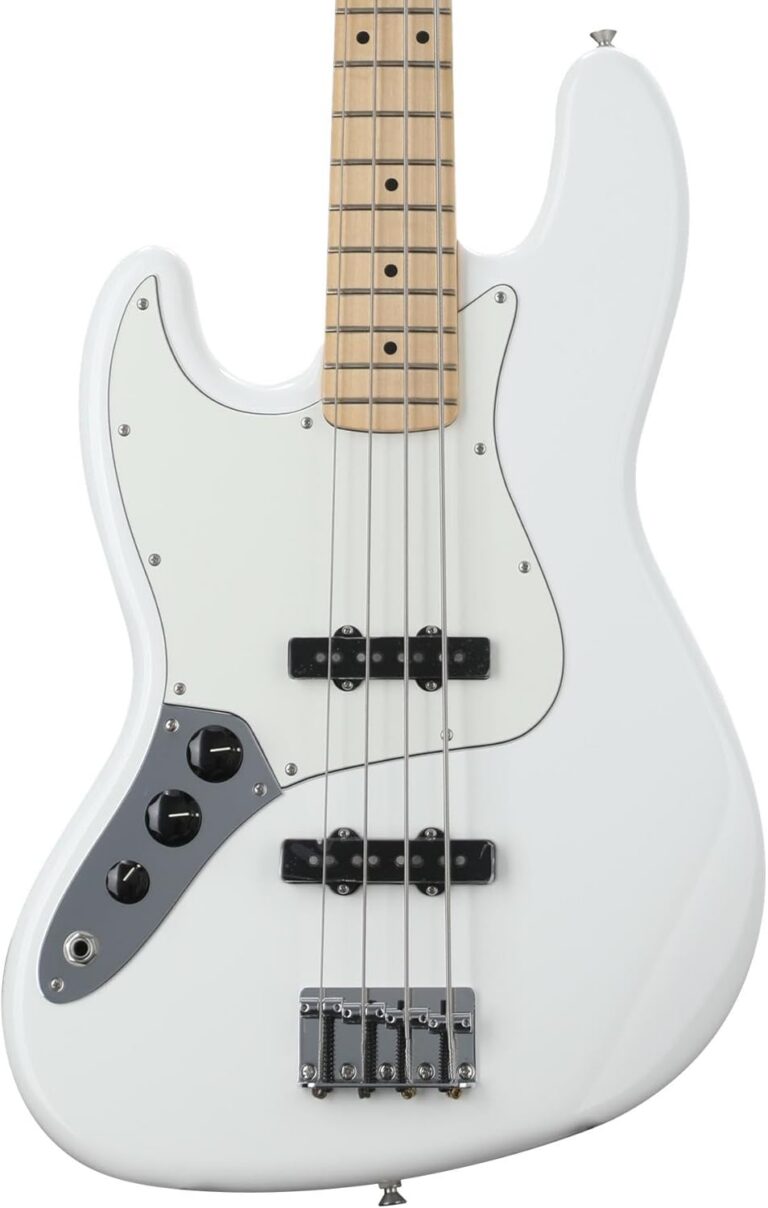 Guitarra baixo elétrica Fender Player Jazz Maple com acabamento branco polar, captadores single coil e escala maple.