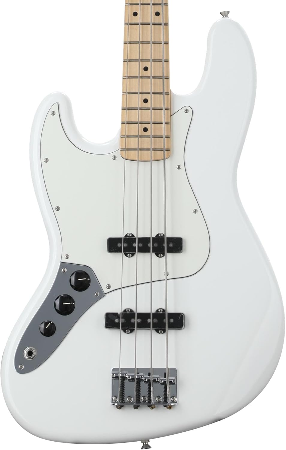 Guitarra baixo elétrica Fender Player Jazz Maple com acabamento branco polar, captadores single coil e escala maple.