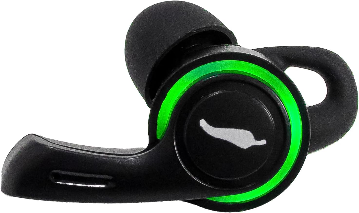 Close-up fone Bluetooth esportivo preto com anel verde e logo branco Chillibeans.