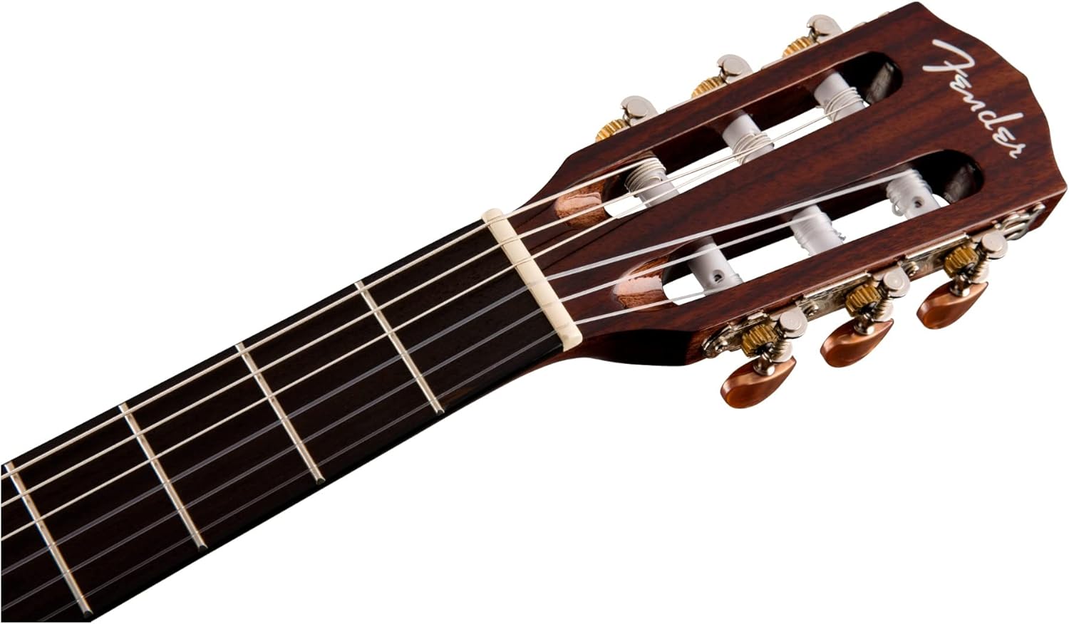 Cabeça do violão Fender CN-140SCE com tarraxas douradas e logo Fender em branco