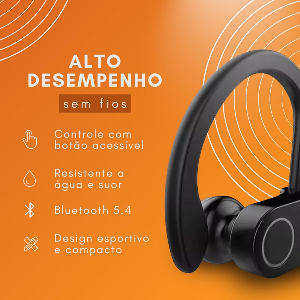 Close em fones Bluetooth esportivos com controle por botão e resistência à água