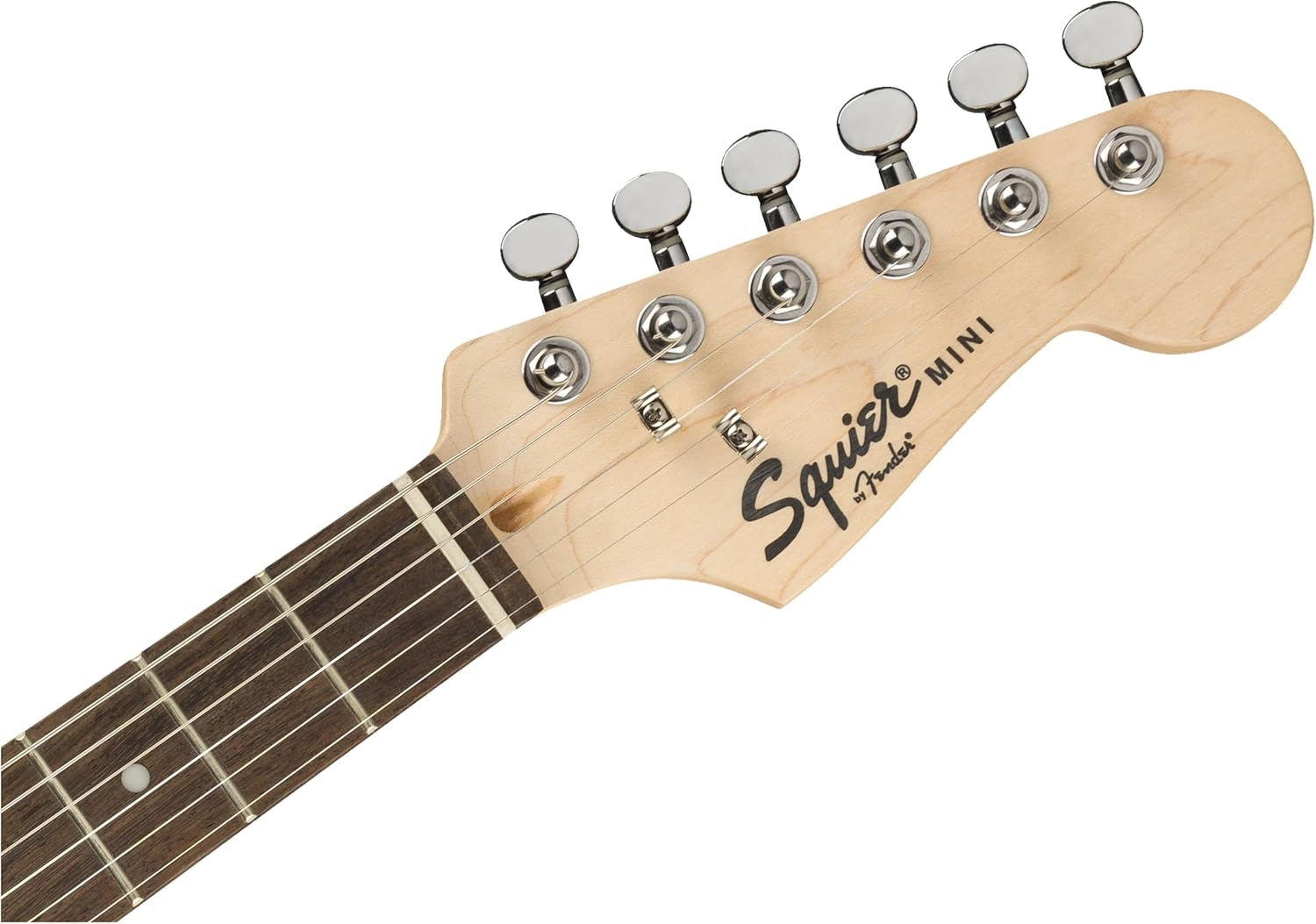 Cabeça da guitarra Fender Mini Stratocaster preta brilhante com logo Squier Mini by Fender