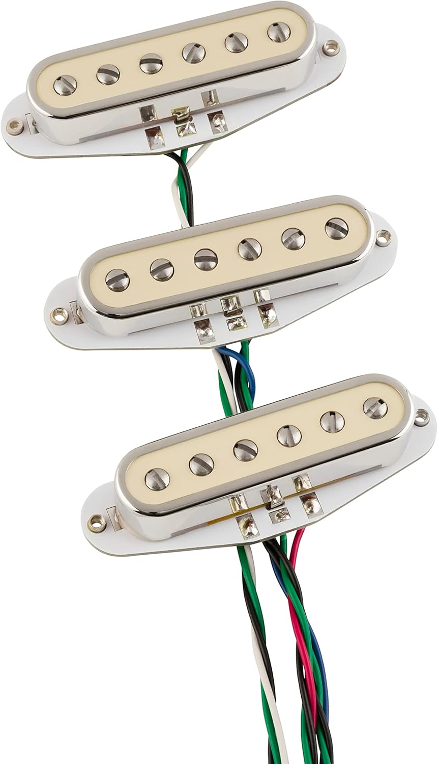 Conjunto de captadores Fender CuNiFe Stratocaster Single Coil SSS branco com bordas cromadas e fios coloridos