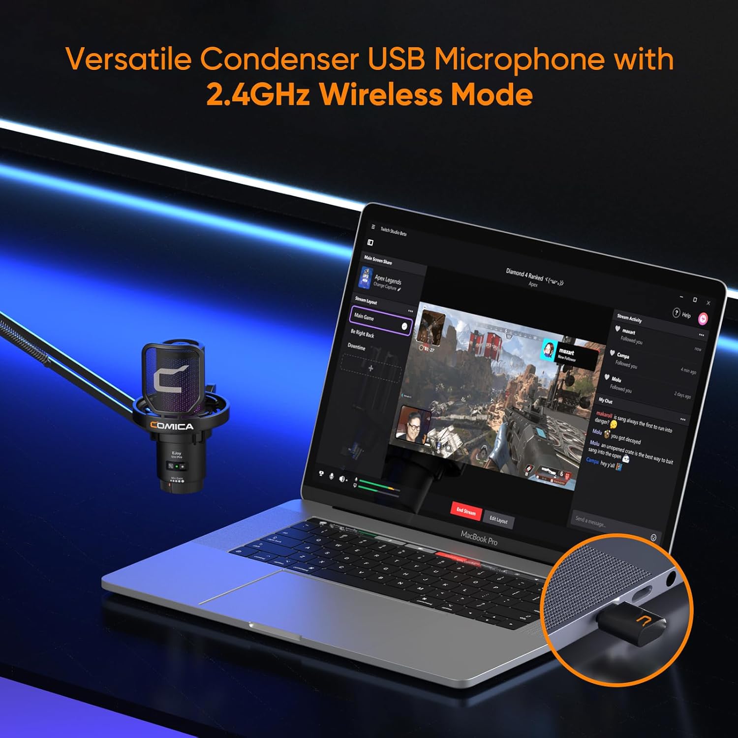 Comica EJoy Uni Pro versatile condenser USB microphone showing 2.4GHz wireless mode with laptop streaming game
