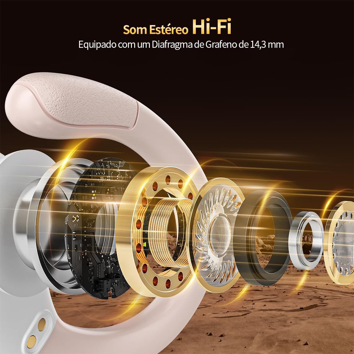 Detalhes do diafragma de grafeno 14,3 mm dos fones para som estéreo Hi-Fi.