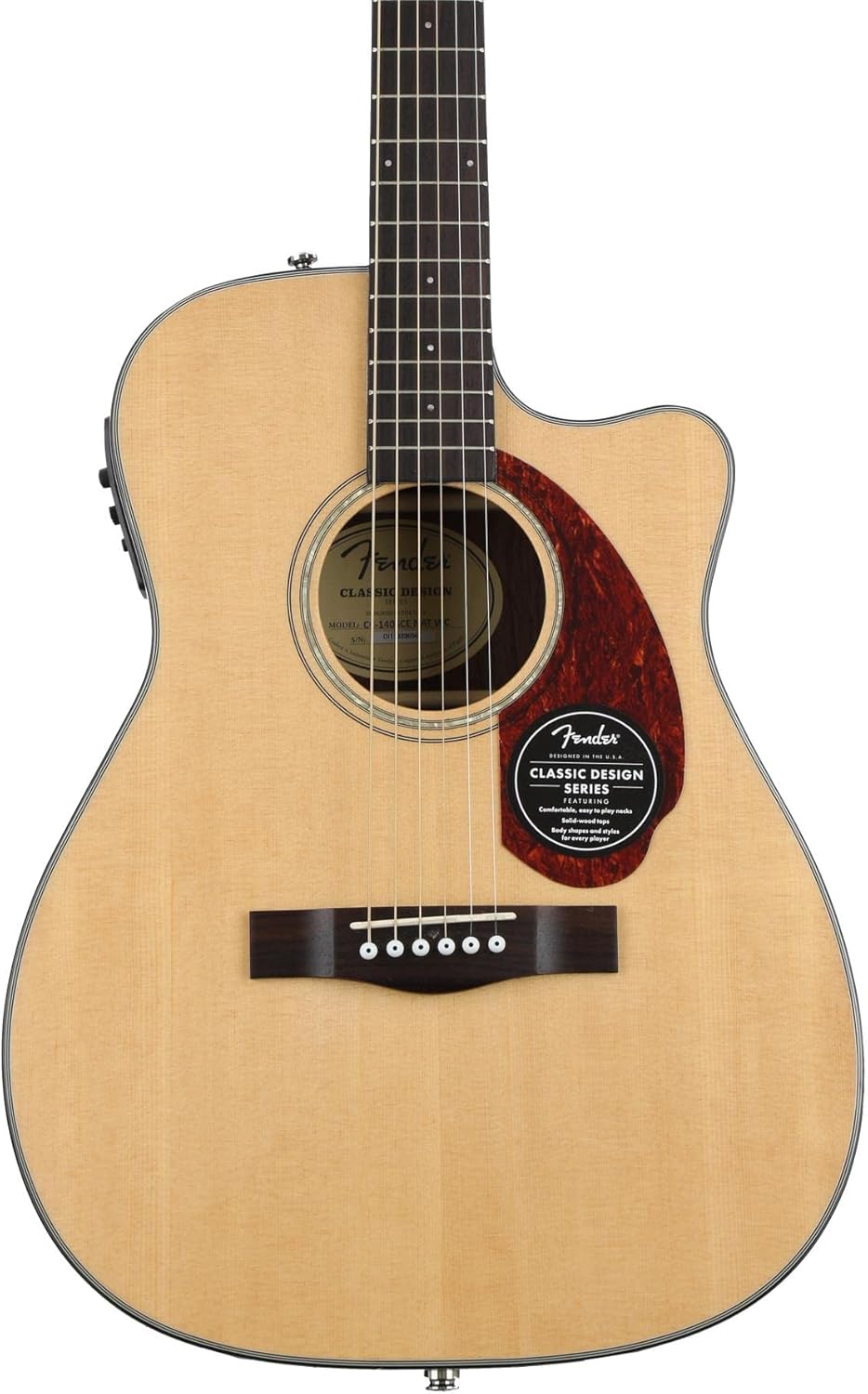 Guitarra Fender CC-140SCE com escudo marrom e etiqueta Classic Design Series.