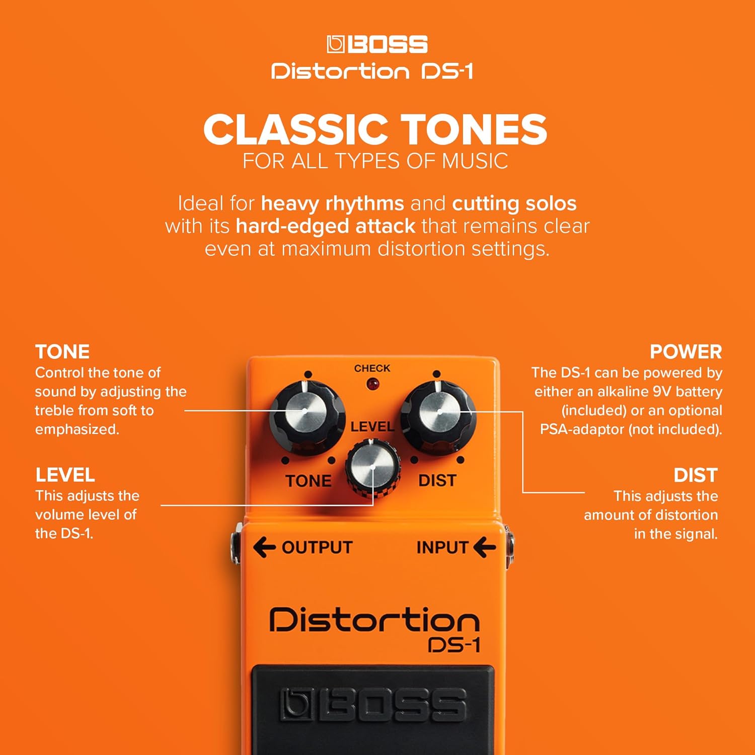 Pedal Boss DS-1 Distortion com explicações de controles e alimentação