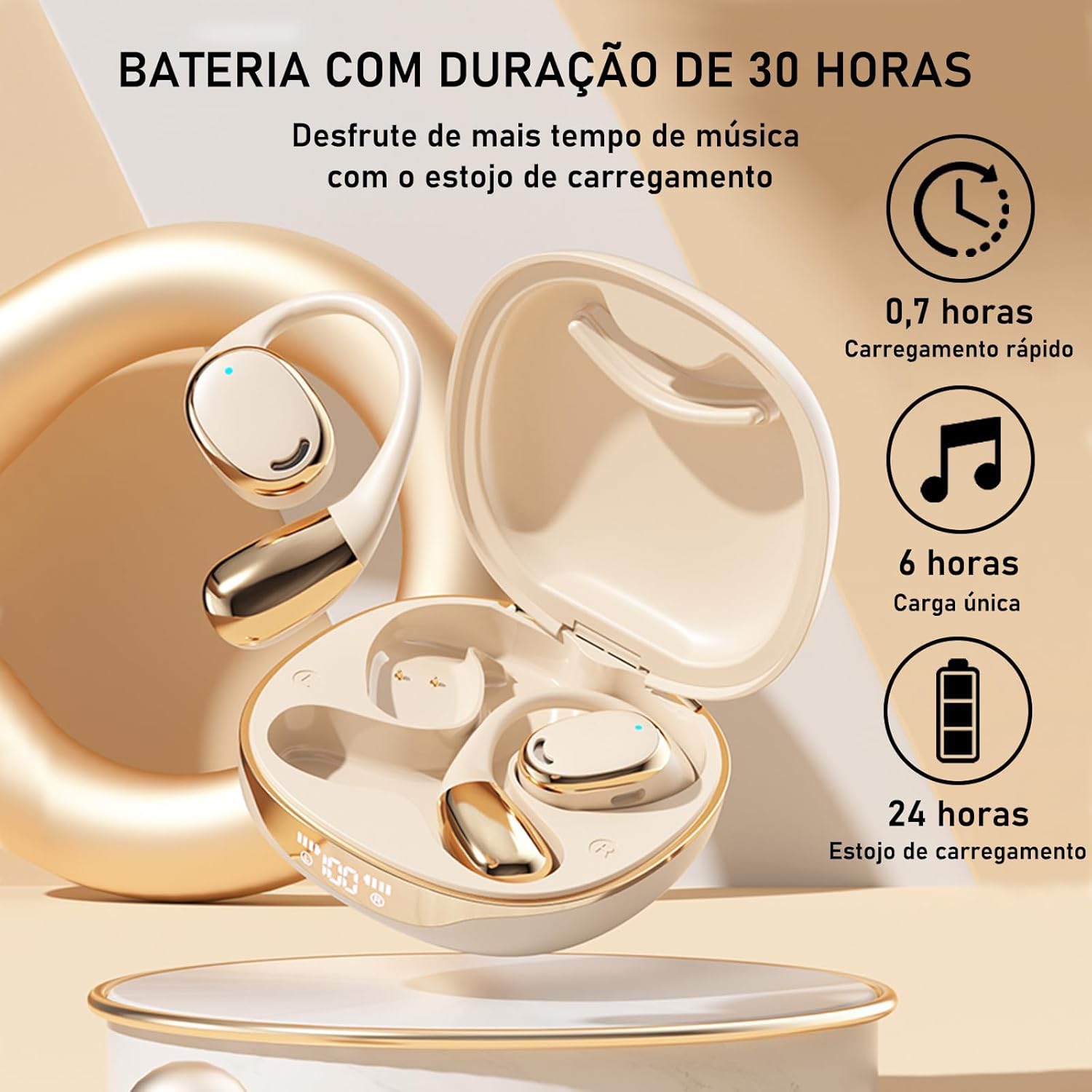 Fones Bluetooth com estojo exibindo duração de bateria de até 30 horas e carregamento rápido