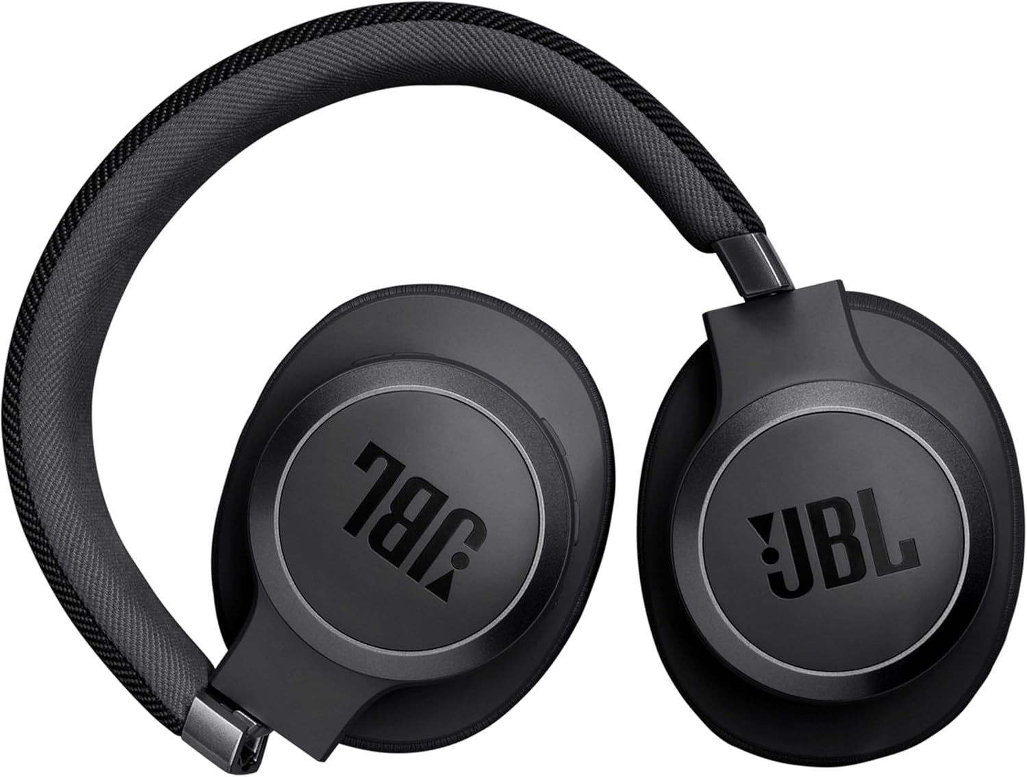 Fone de ouvido JBL Live 770NC preto em posição dobrada, revelando o logo JBL nas conchas auriculares.