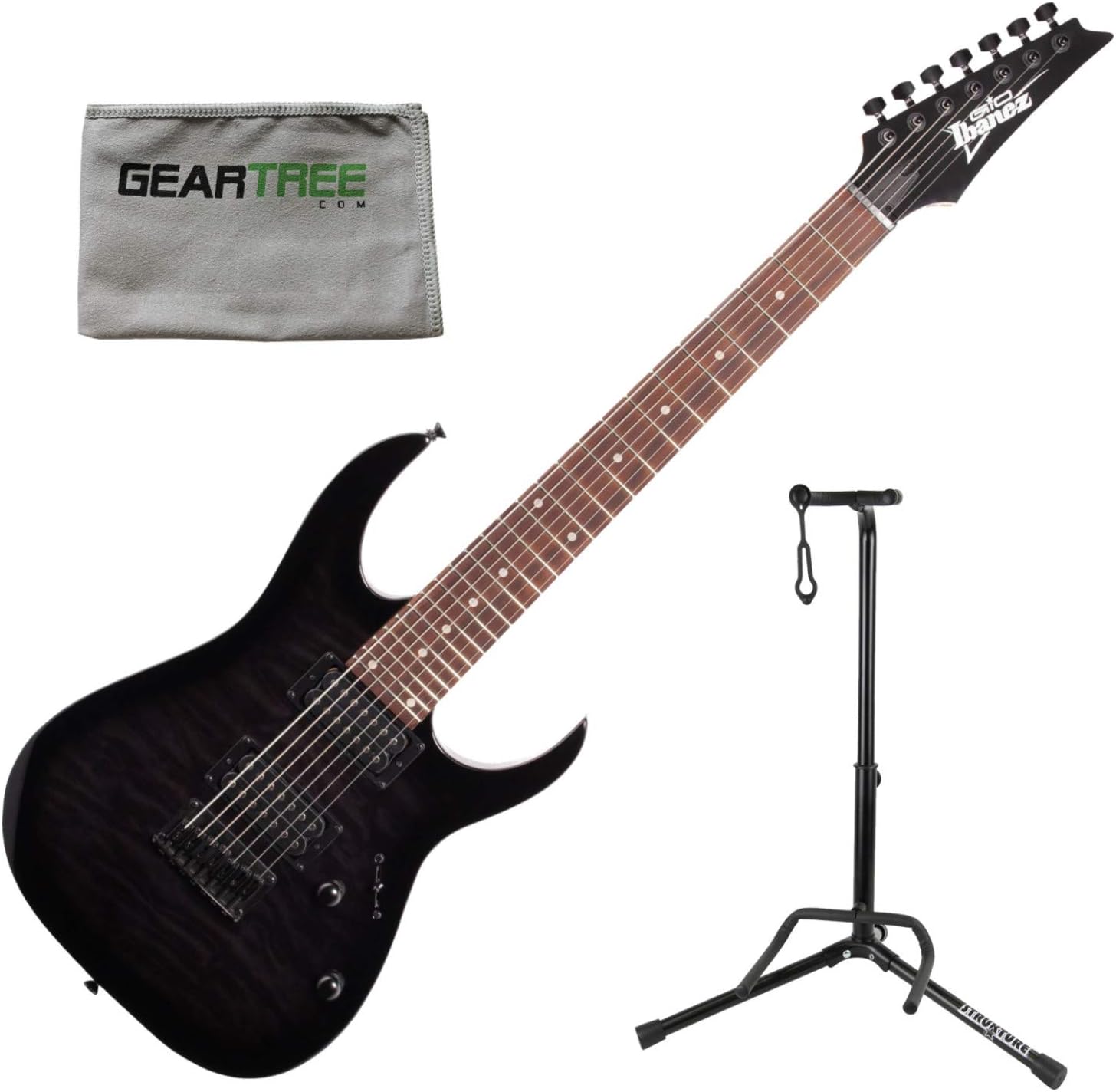 Guitarra Ibanez 7 cordas GRG7221 GIO preta fosca com estojo Gear Tree e suporte para guitarra