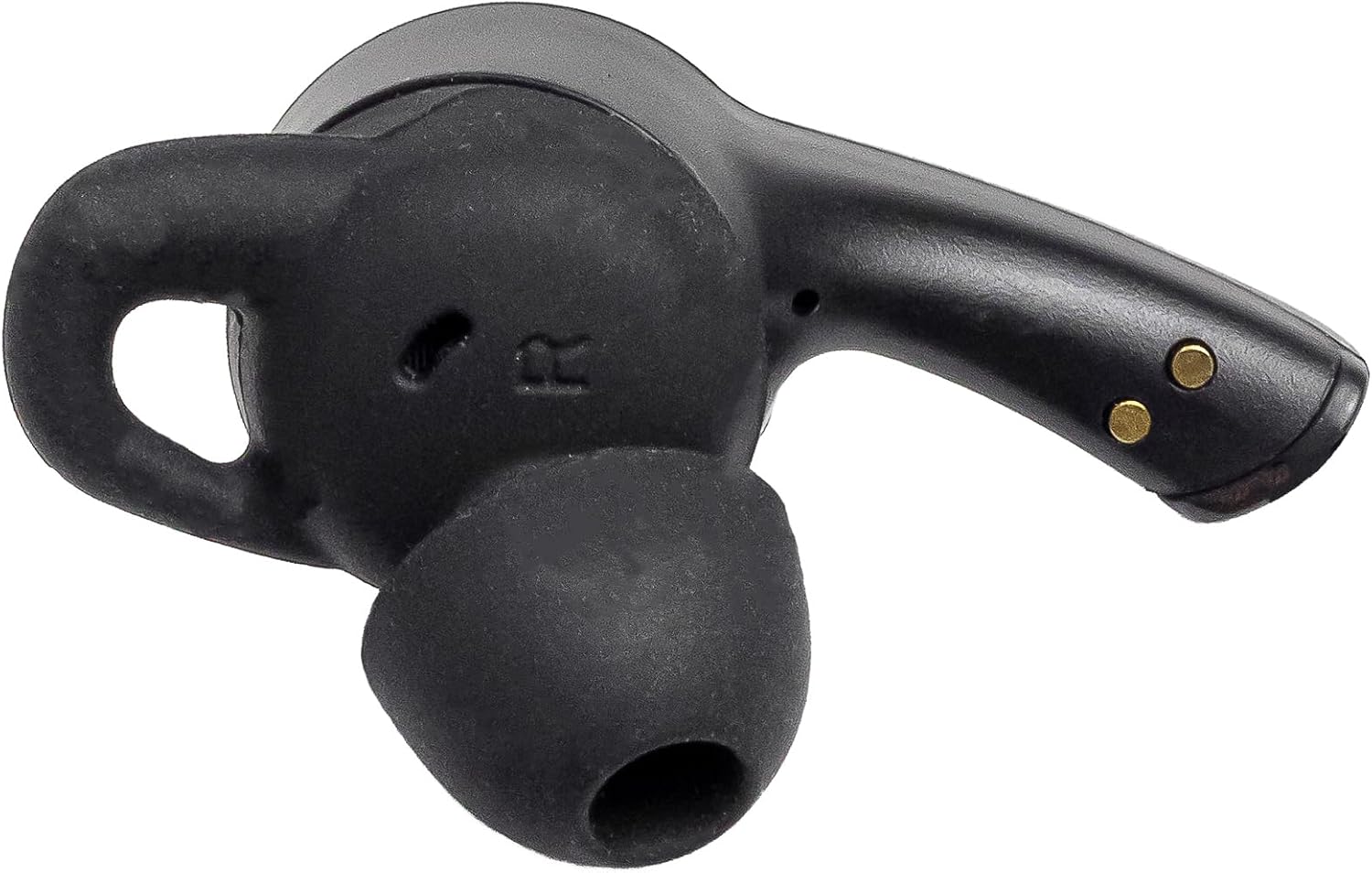 Parte traseira do fone Bluetooth esportivo preto com silicone e contatos dourados Chillibeans.