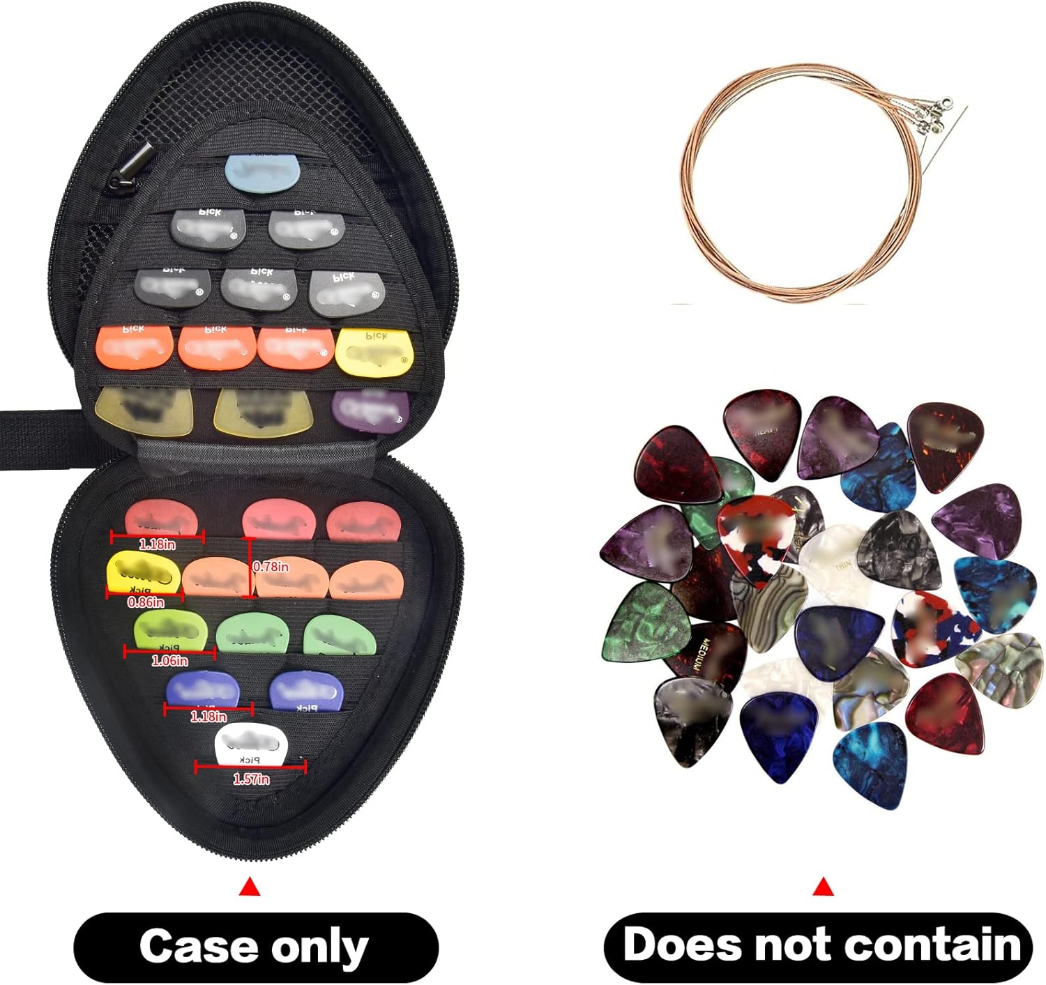 Case triangular preta para palhetas de guitarra aberta com palhetas coloridas, ao lado cordas e palhetas soltas, indicando que o produto é somente a case.
