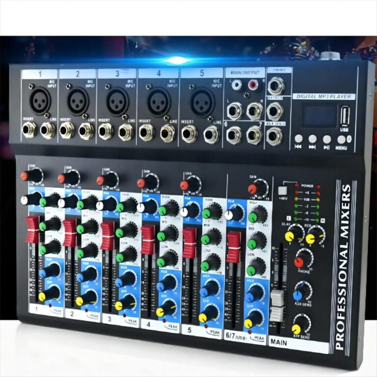 Mixer de áudio profissional com 7 canais e várias entradas de som, painel colorido