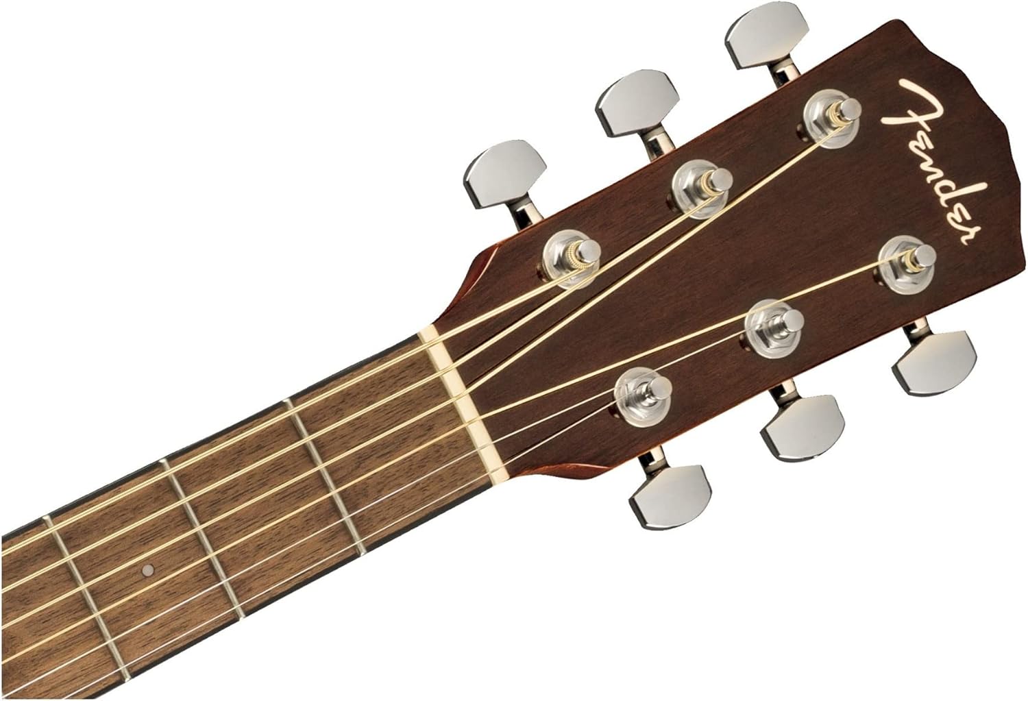 Cabeça do violão Fender CD-140SCE com tarraxas cromadas e logo Fender