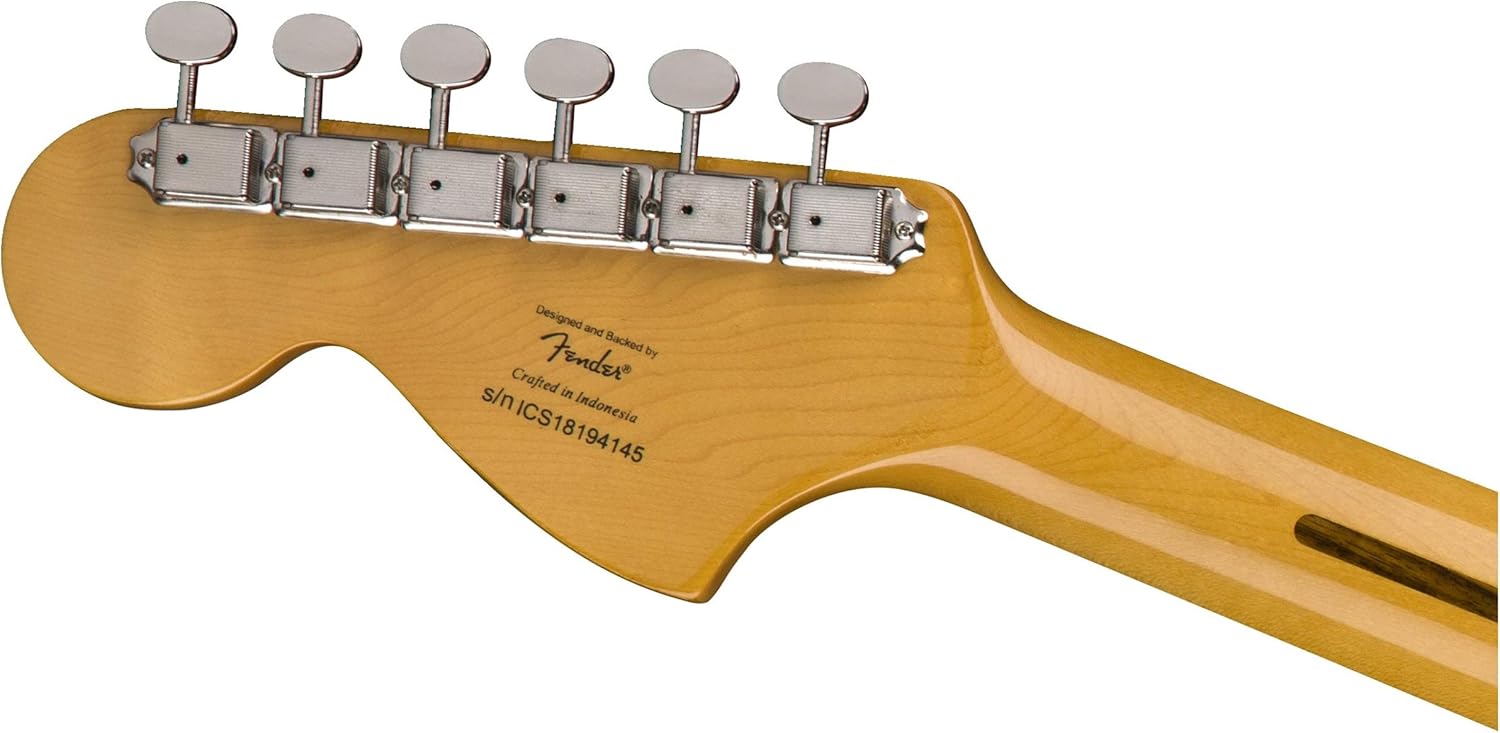 Parte traseira da cabeça do braço da guitarra Fender Classic Vibe '70s Stratocaster branca brilhante com texto Fender e número de série