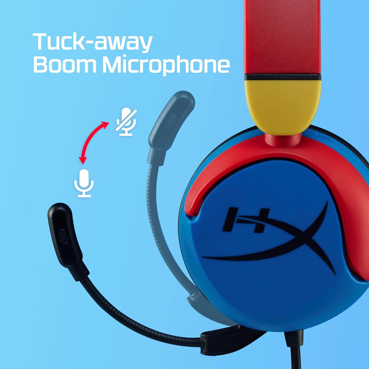 HyperX Cloud Mini headphones with tuck-away boom microphone demonstrating microphone position