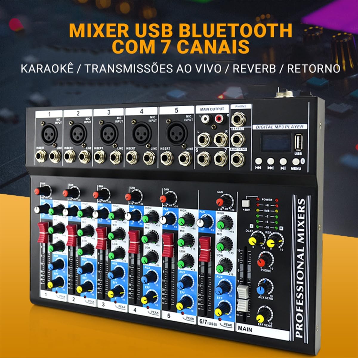 Mixer USB Bluetooth 7 canais com recursos para karaoke e transmissões ao vivo