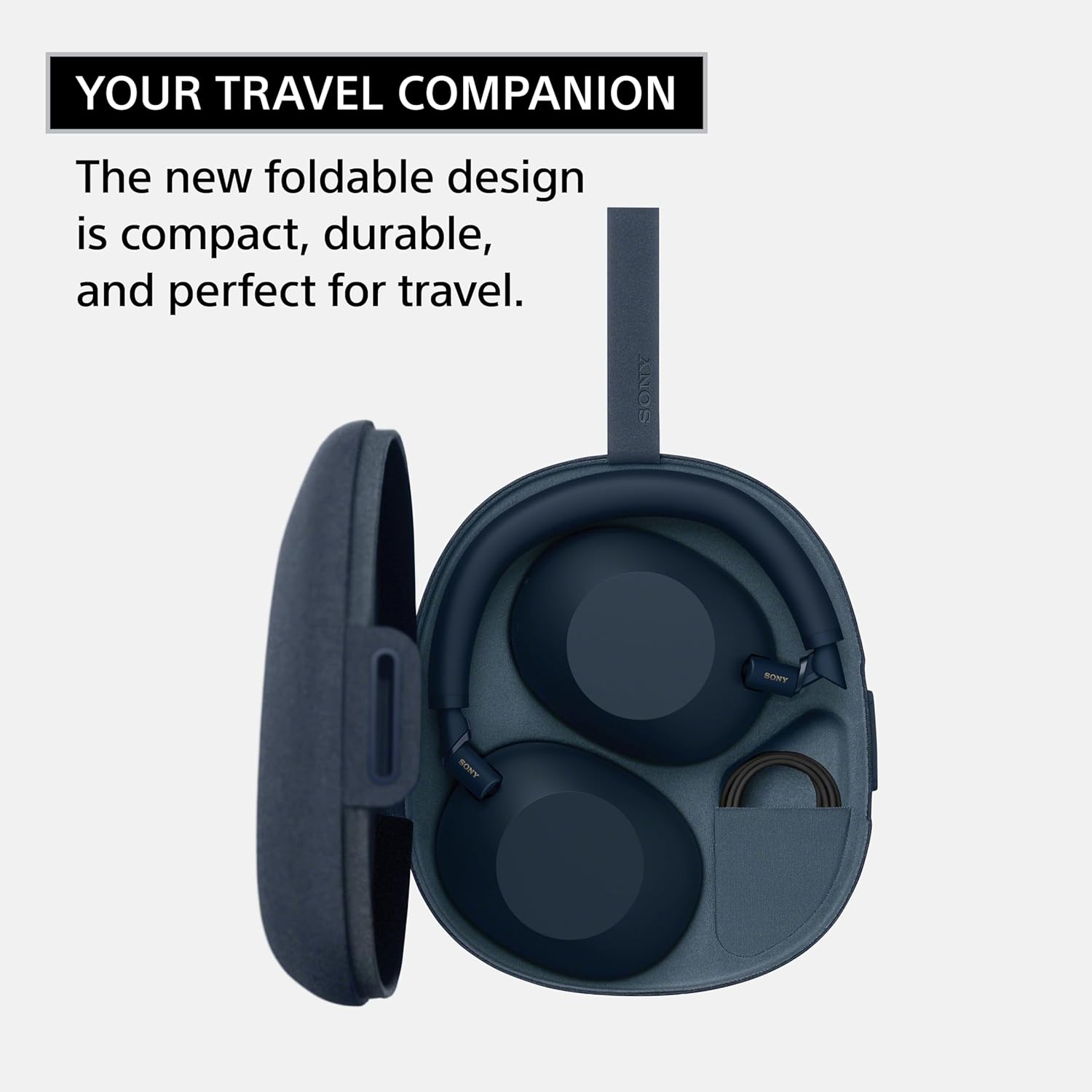 Fones de ouvido Sony WH-1000XM6 preto com design dobrável e estojo rígido para viagem