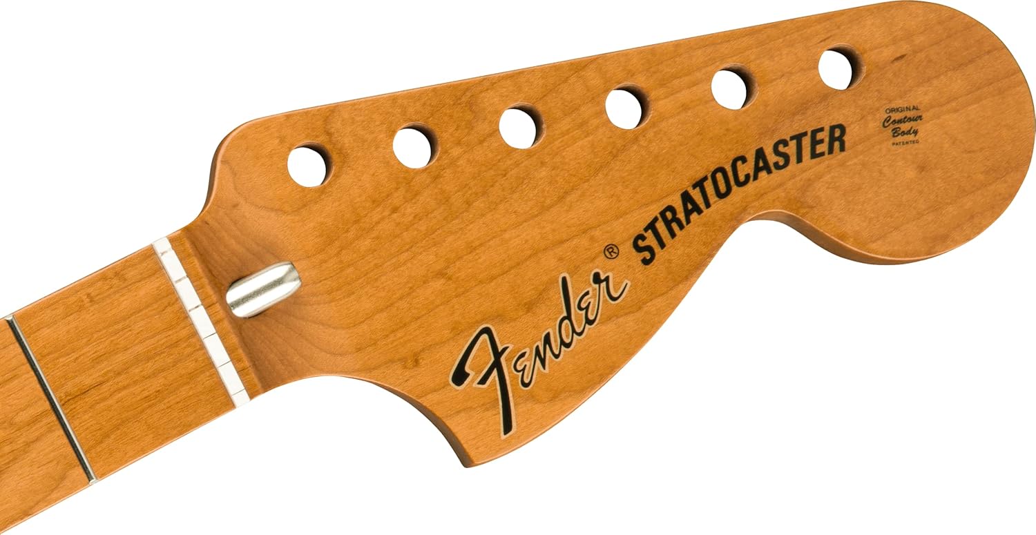 Headstock da guitarra Fender Roasted Maple Vintera Mod '70 Stratocaster com logo Fender e acabamento maple torrado