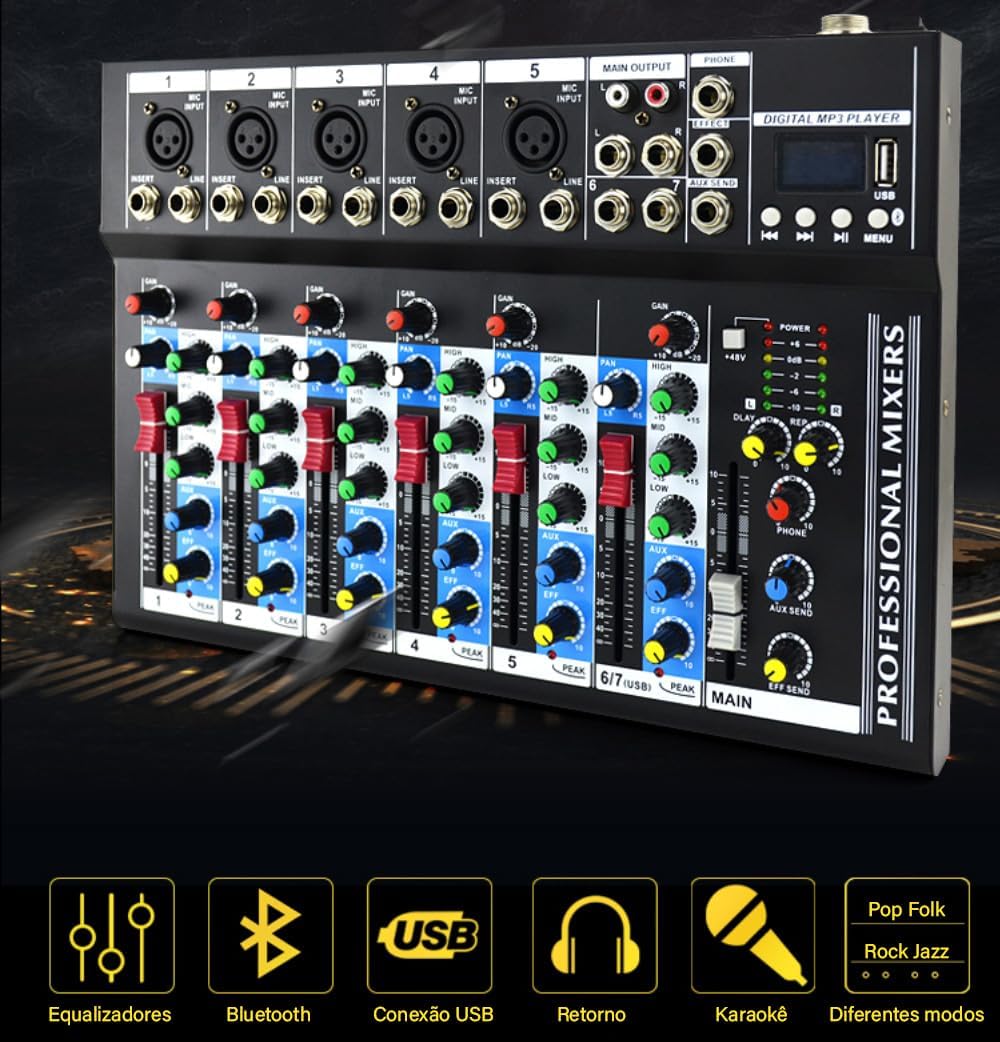 Mixer áudio profissional 7 canais com Bluetooth, USB, retorno e modos karaokê e pop